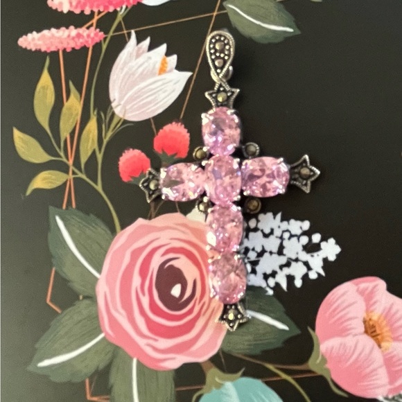 925 Silver Cross Pendant Pink Stones - Picture 4 of 8